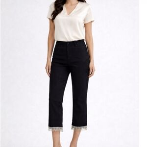 Vintage Guess Beaded Fringe Hem Crop Pants Jet Black Stretch Jeans L